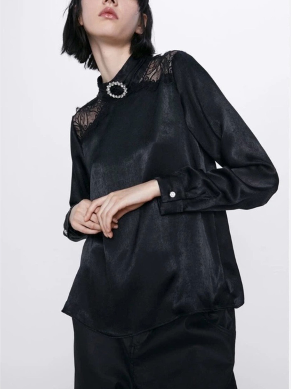 Zara Black Satin Blouse with Lace Yoke and Brooch